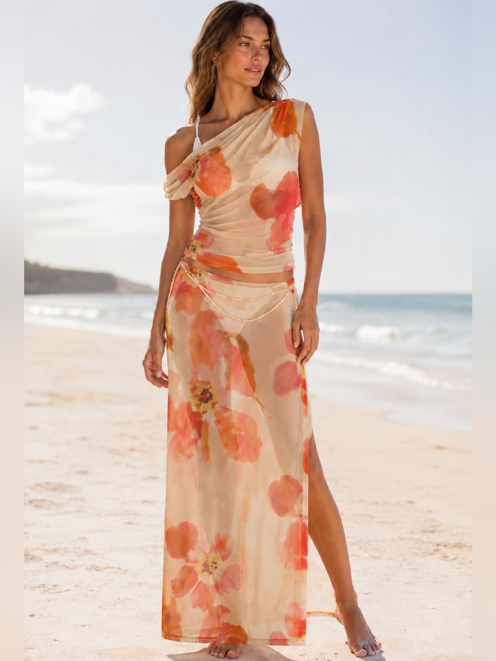 Label of Love Floral Mesh Off Shoulder Top Maxi Skirt 2 Piece Set Sheer Resort S